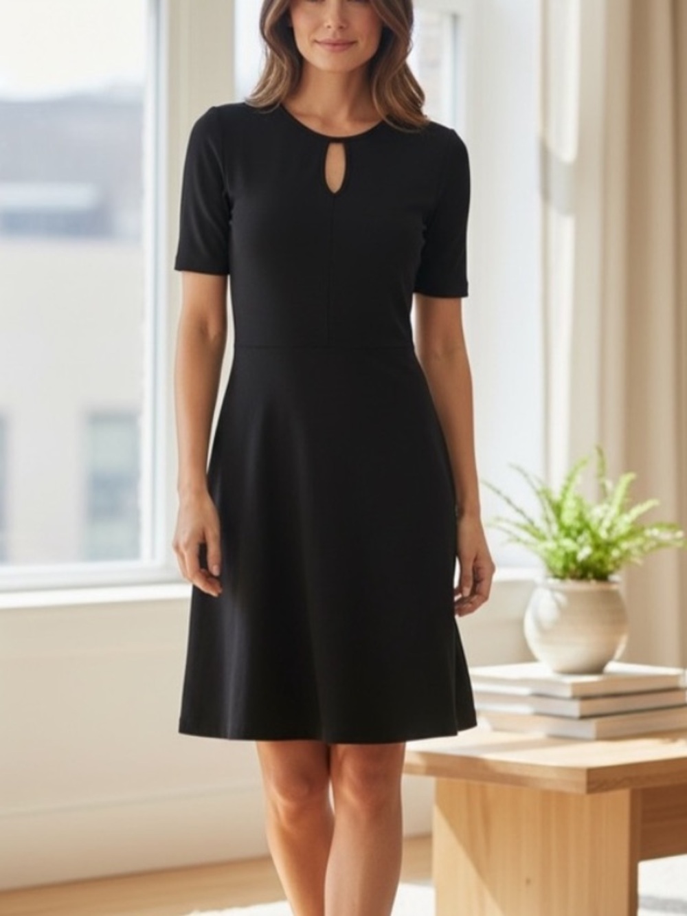Rebecca Taylor Black Formal Short Sleeve Textured Stretchy Skater Dress S